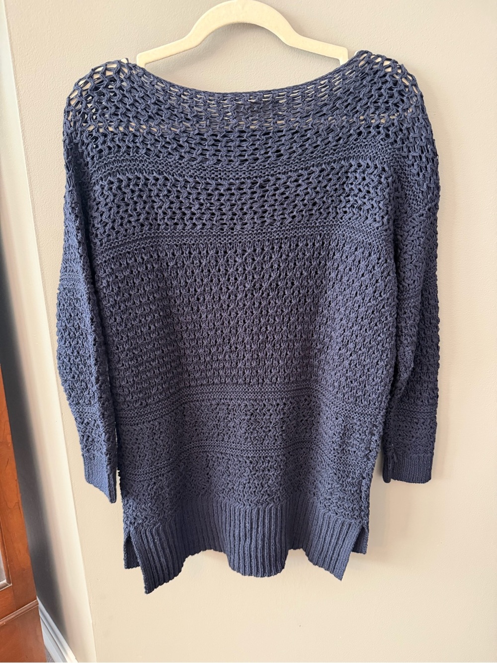 LOFT Navy Open-Knit Boatneck Sweater. Size Small - Picture 3 of 8